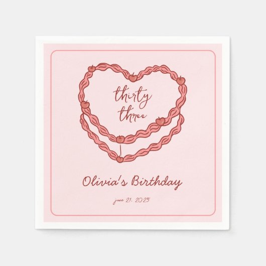 Handgetekende doedel  taart roze rode verjaardag servet (Voorkant)