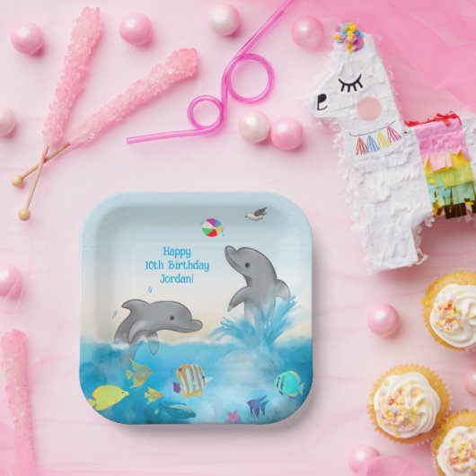 Handgetekende Dolphin Volleybal Splash Ocean Papieren Bordje (Feest)