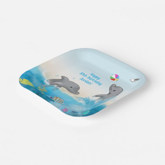 Handgetekende Dolphin Volleybal Splash Ocean Papieren Bordje (Gebogen)