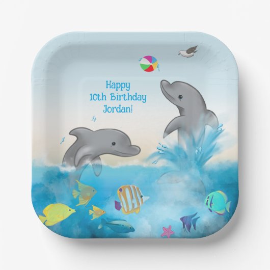 Handgetekende Dolphin Volleybal Splash Ocean Papieren Bordje (Voorkant)