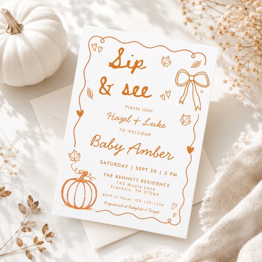 Handgetekende Doodle Frame Pompoen Herfst Sip en Z Kaart