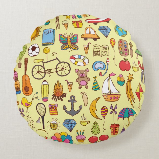 Handgetekende doodle kinder:  patroon. rond kussen (Voorkant)
