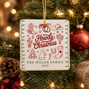 Handgetekende Doodle Western Howdy Kerstmis Keramisch Ornament