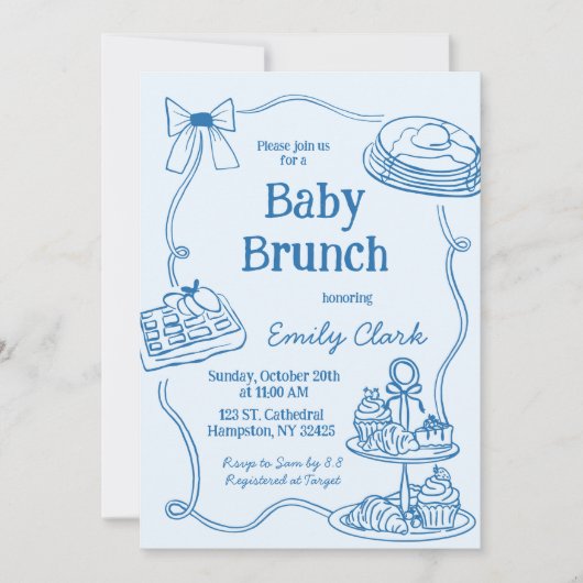 Handgetekende Doodles Blue Baby Brunch Uitnodiging (Voorkant)