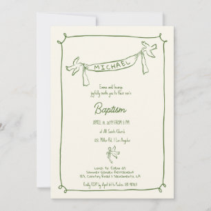 Handgetekende doopuitnodiging met duiven kaart