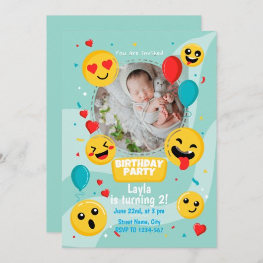 Handgetekende emoji met foto verjaardagsfeestje kaart (Voorkant / Achterkant)