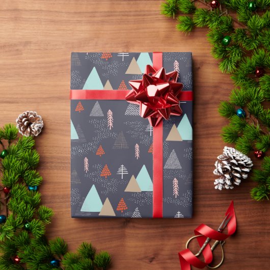 Handgetekende Evergreen Pine Trees op sneeuw bij n Cadeaupapier (Feestdagen Geschenken)