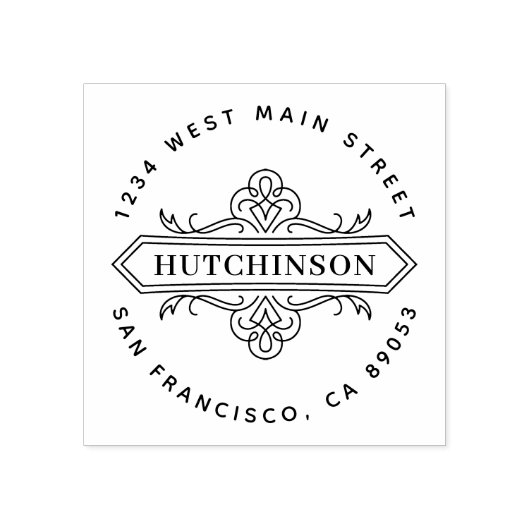 Handgetekende  familienaam rond retouradres rubberstempel (Afrduk)