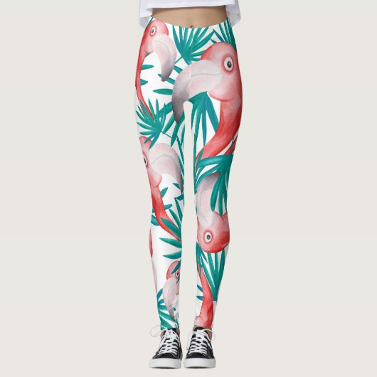 Handgetekende flamingo: waterverf naadloos patroon leggings (Voorkant)