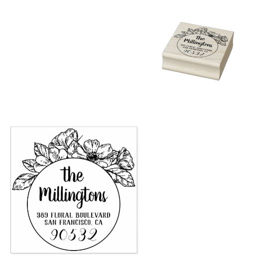 Handgetekende Floral familienaam & retouradres Rubberstempel (Gestempeld)