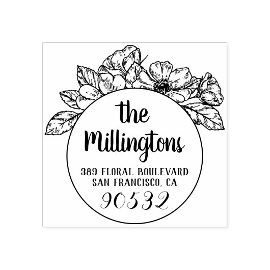 Handgetekende Floral familienaam & retouradres Rubberstempel (Afrduk)