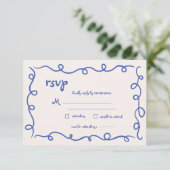 Handgetekende  Franse Blauwe grillige bruiloft RSVP Kaartje (Staand voorkant)