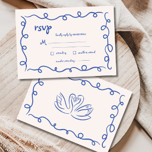 Handgetekende Franse Blauwe grillige bruiloft RSVP Kaartje
