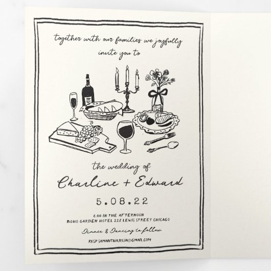 Handgetekende funky tekening handschrift bruiloft drieluik aankondiging (Binnenzijde eerst)