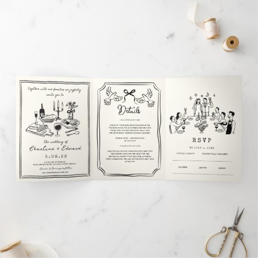 Handgetekende funky tekening handschrift bruiloft drieluik aankondiging (Binnen)