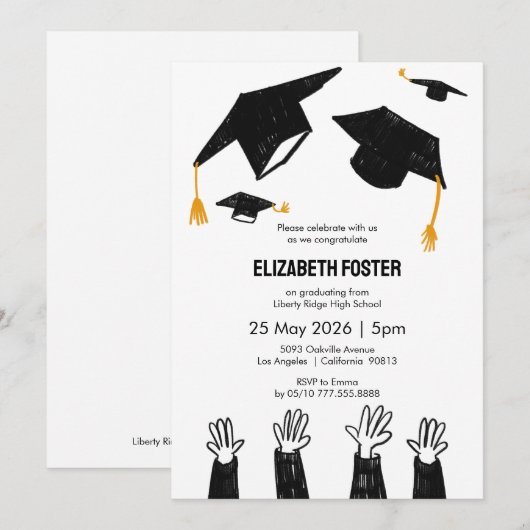 Handgetekende geïllustreerde afstuderen uitnodigin kaart (Voorkant / Achterkant)