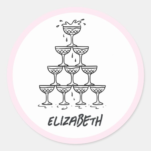 Handgetekende gekrabbelde Doodle Champagnetoren Ronde Sticker (Voorkant)