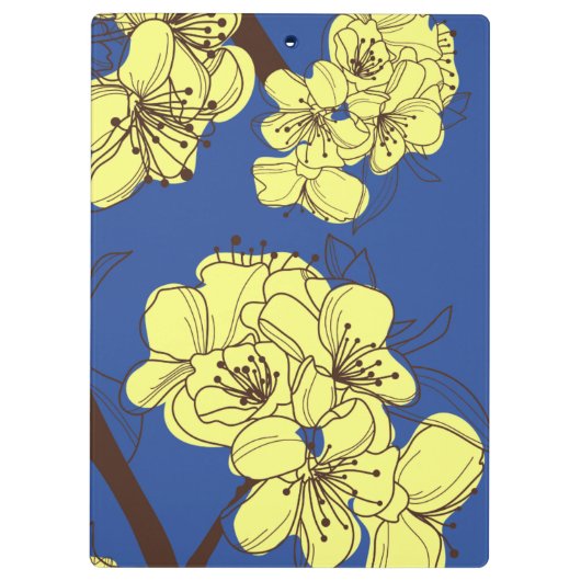 Handgetekende gele appelbloesems op blauw klembord (Achterkant)