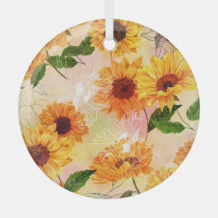 Handgetekende gele zonnebloemen Waterverf Glas Ornament