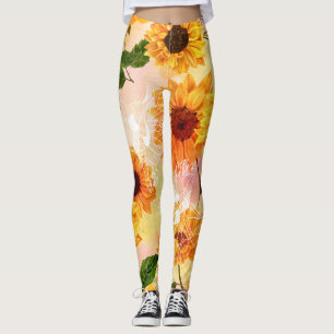Handgetekende gele zonnebloemen Waterverf Leggings