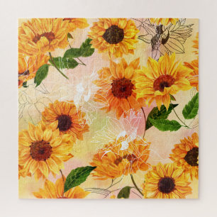 Handgetekende gele zonnebloemen Waterverf Legpuzzel