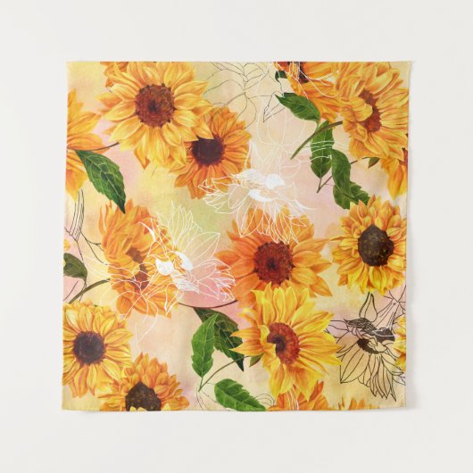 Handgetekende gele zonnebloemen Waterverf Wandkleed (Voorkant (horizontaal))