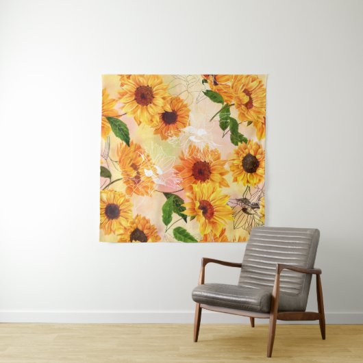 Handgetekende gele zonnebloemen Waterverf Wandkleed (In Situ (horizontaal))