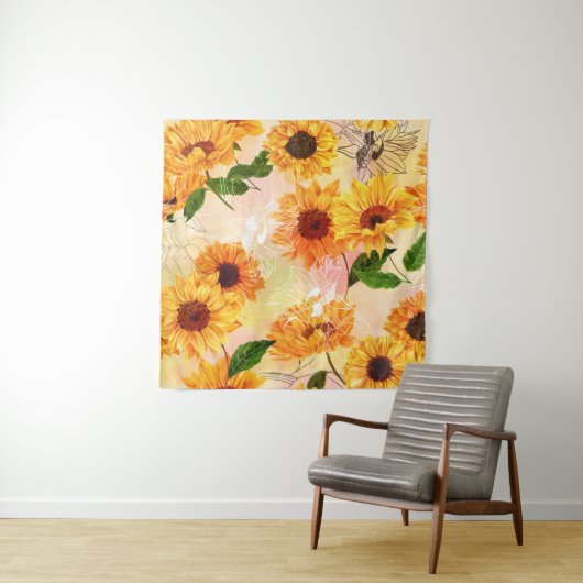 Handgetekende gele zonnebloemen Waterverf Wandkleed (In situ)