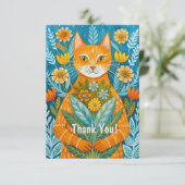 Handgetekende gemberkat en bloemen bedankkaart (Staand voorkant)