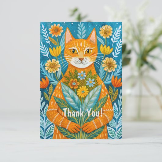 Handgetekende gemberkat en bloemen bedankkaart (Staand voorkant)