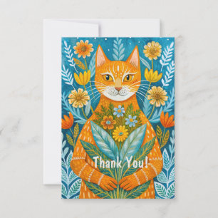 Handgetekende gemberkat en bloemen bedankkaart