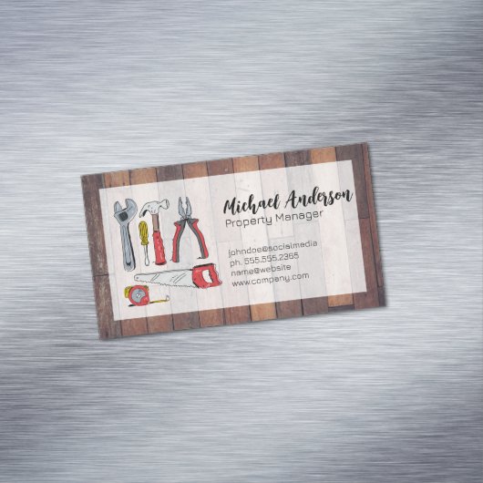 Handgetekende gereedschappen | Houten planken Magnetisch Visitekaartje (Voorbeeld)