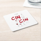 Handgetekende glazen en tekst op flessenmunten kartonnen onderzetters (Schuin)