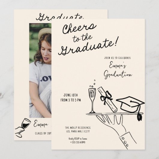 Handgetekende grappige ober Afstuderen Aankondigin Kaart (Voorkant / Achterkant)