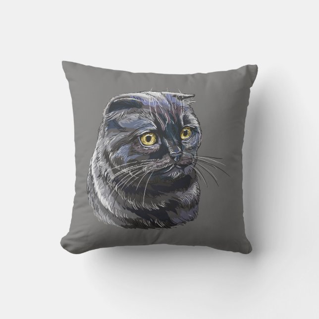Handgetekende grappige pluizige zwarte Britse kat. Kussen (Voorkant)