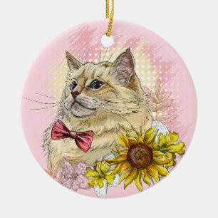 Handgetekende grappige rode Ragdoll kat met bloeme Keramisch Ornament