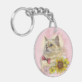 Handgetekende grappige rode Ragdoll kat met bloeme Sleutelhanger (Voorkant Links)