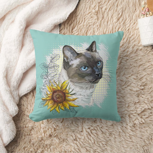 Handgetekende grappige schattige Thaise kat met bl Kussen (Deken)