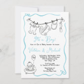 Handgetekende grillige Baby shower Clothesline Boy Kaart (Voorkant)