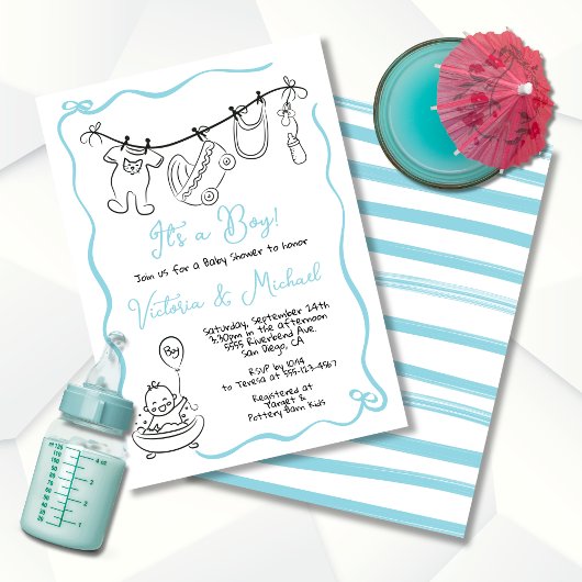 Handgetekende grillige Baby shower Clothesline Boy Kaart