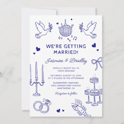Handgetekende grillige Doodle Wedding Kaart (Voorkant)