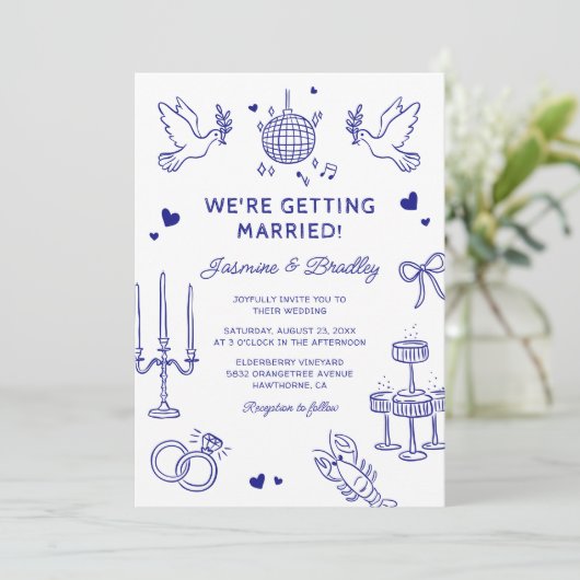 Handgetekende grillige Doodle Wedding Kaart (Staand voorkant)