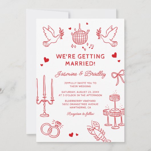Handgetekende grillige Doodle Wedding Kaart (Voorkant)