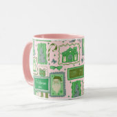 Handgetekende groene roze speelse kerstdoodle mok (Voorkant links)