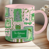 Handgetekende groene roze speelse kerstdoodle mok