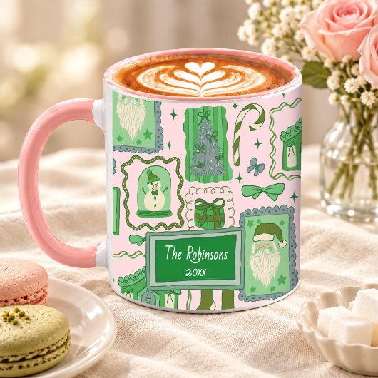 Handgetekende groene roze speelse kerstdoodle mok