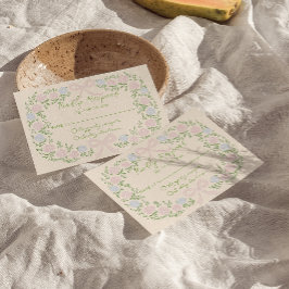 Handgetekende groene roze strik bloemenkrans bruil RSVP kaartje