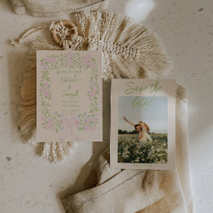 Handgetekende groene roze strik bloemige foto brui save the date