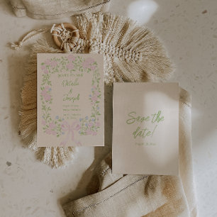 Handgetekende groene roze strik bloemrijke zomerhu save the date