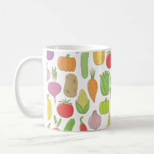 Handgetekende groenten,  doodle achtergrond. koffiemok